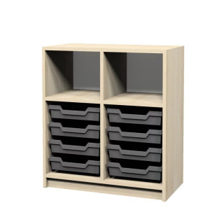 Dulăpior deschis cu tăvițe din plastic.